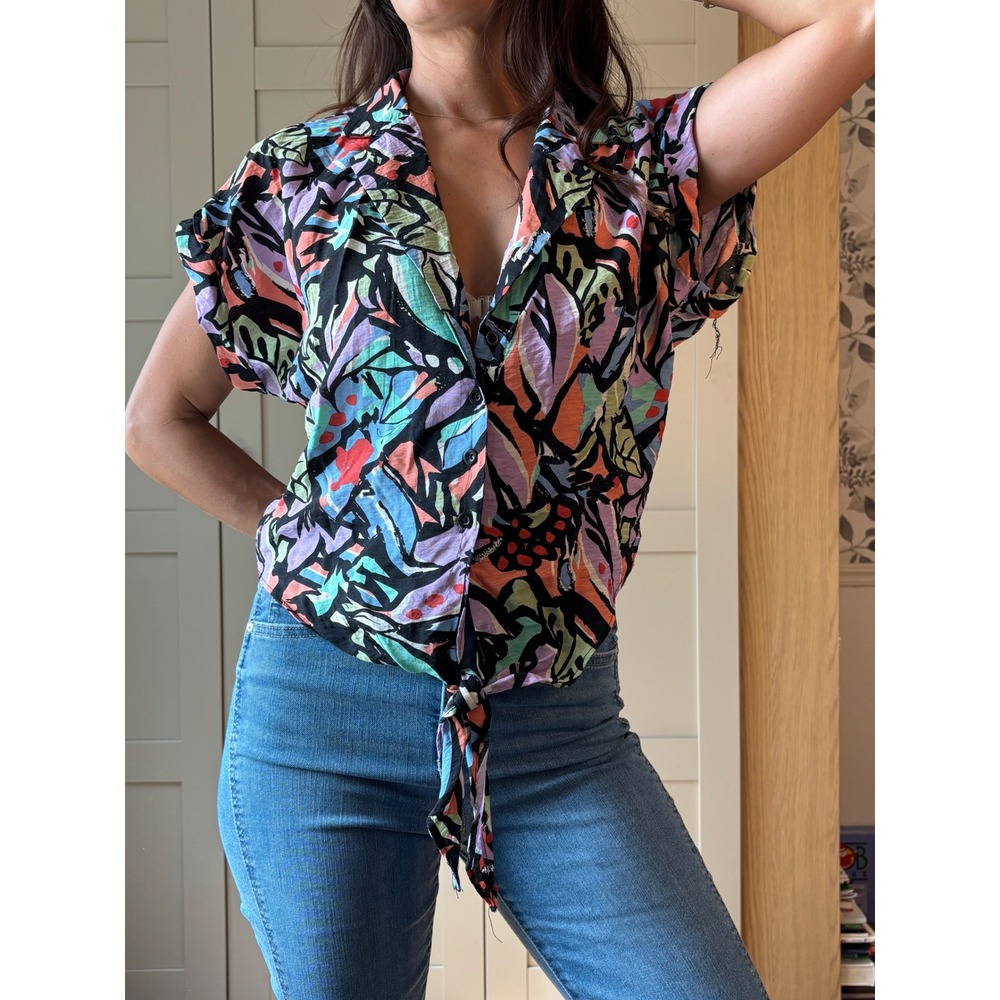 Milk & Honey Abstract Tropical Tie Front Button Down Shirt Boho Retro Medium